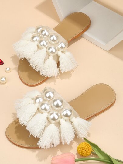 Women Tassel & Faux Pearl Decor Slide Sandals, Fashionable Faux Suede Flat Sandals
