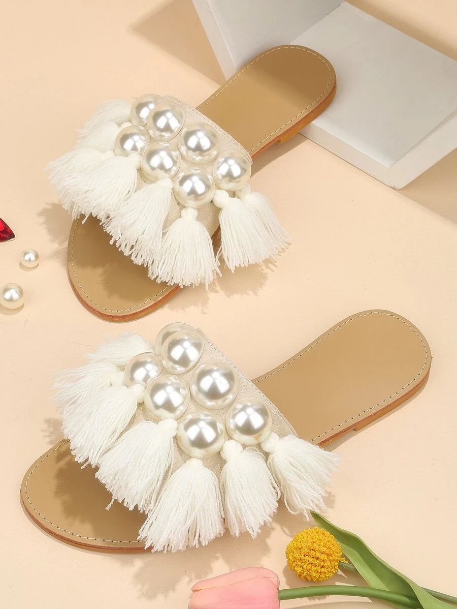 Women Tassel & Faux Pearl Decor Slide Sandals, Fashionable Faux Suede Flat Sandals,Summer Outfits - White - View 1