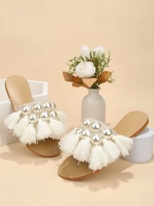 Women Tassel & Faux Pearl Decor Slide Sandals, Fashionable Faux Suede Flat Sandals,Summer Outfits - White - View 2