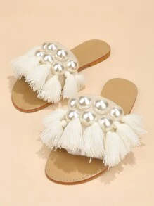 Women Tassel & Faux Pearl Decor Slide Sandals, Fashionable Faux Suede Flat Sandals,Summer Outfits - White - View 3