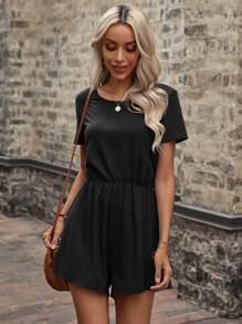 SHEIN LUNE 後扭結素色T恤連身短褲 - 黑色 - 查看 3