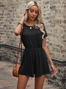 SHEIN LUNE 後扭結素色T恤連身短褲 - 黑色 - 查看 4