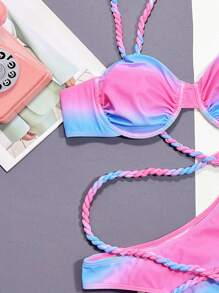 漸層露帶式加push up設計性感沙灘比基尼套裝 - 粉色 - 查看 4