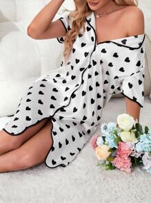 愛心圖案撞色滾邊緞面睡裙