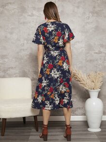 SHEIN Clasi 印花蝴蝶袖荷葉邊繫腰帶連衣裙 - 彩色 - 查看 3