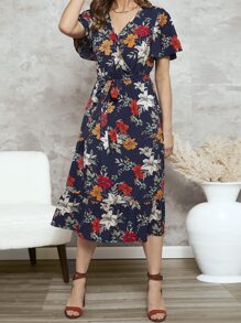 SHEIN Clasi 印花蝴蝶袖荷葉邊繫腰帶連衣裙 - 彩色 - 查看 4