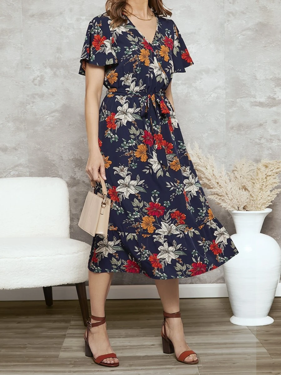 SHEIN Clasi 印花蝴蝶袖荷葉邊繫腰帶連衣裙 - 彩色 - 查看 1