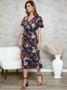 SHEIN Clasi 印花蝴蝶袖荷葉邊繫腰帶連衣裙 - 彩色 - 查看 5