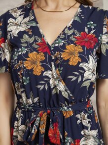 SHEIN Clasi 印花蝴蝶袖荷葉邊繫腰帶連衣裙 - 彩色 - 查看 6