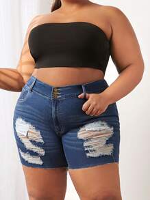 SHEIN CURVE+ Plus Ripped Raw Hem Denim Shorts - Dark Wash - View 1