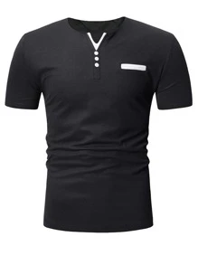 Men Button Detail Notched Neckline Tee - Black - View 1