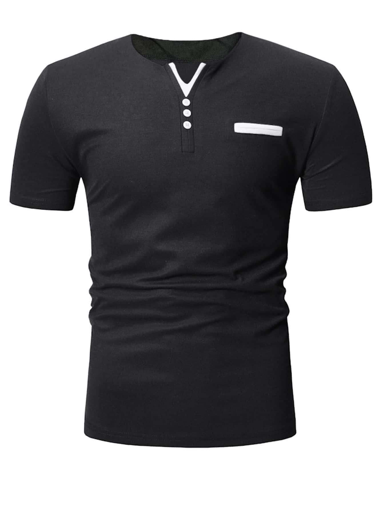 Men Button Detail Notched Neckline Tee - Black - View 1