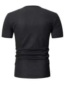 Men Button Detail Notched Neckline Tee - Black - View 2