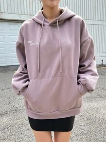 DAZY Áo hoodie dây rút hở vai họa tiết chữ, quần áo nữ mùa thu - Màu Lilac Tím - Xem 2