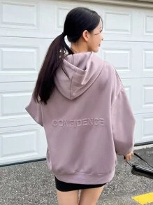 DAZY Áo hoodie dây rút hở vai họa tiết chữ, quần áo nữ mùa thu - Màu Lilac Tím - Xem 5