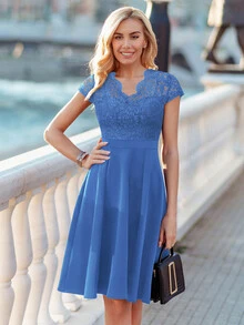 MIUSOL Floral Lace V-Neck Short Sleeve A-Line Cocktail Dress, Wedding Guest Dress, Formal Gown - Blue - View 4