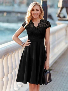 MIUSOL 花卉蕾丝V领短袖A字鸡尾酒礼服、婚礼宾客礼服、正式礼服 - 黑色 - 查看 4