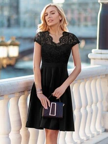 MIUSOL 花卉蕾丝V领短袖A字鸡尾酒礼服、婚礼宾客礼服、正式礼服 - 黑色 - 查看 5