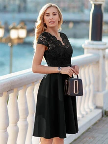 MIUSOL 花卉蕾丝V领短袖A字鸡尾酒礼服、婚礼宾客礼服、正式礼服 - 黑色 - 查看 6