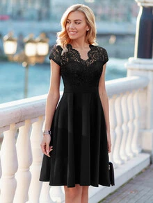 MIUSOL 花卉蕾丝V领短袖A字鸡尾酒礼服、婚礼宾客礼服、正式礼服 - 黑色 - 查看 8