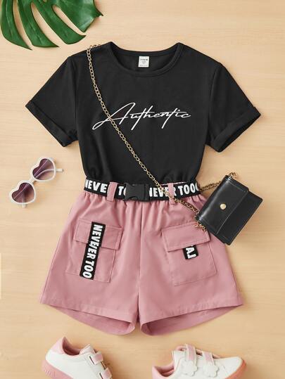 SHEIN Tween Girl Letter Graphic Tee & Flap Pocket Belted Shorts Without Bag