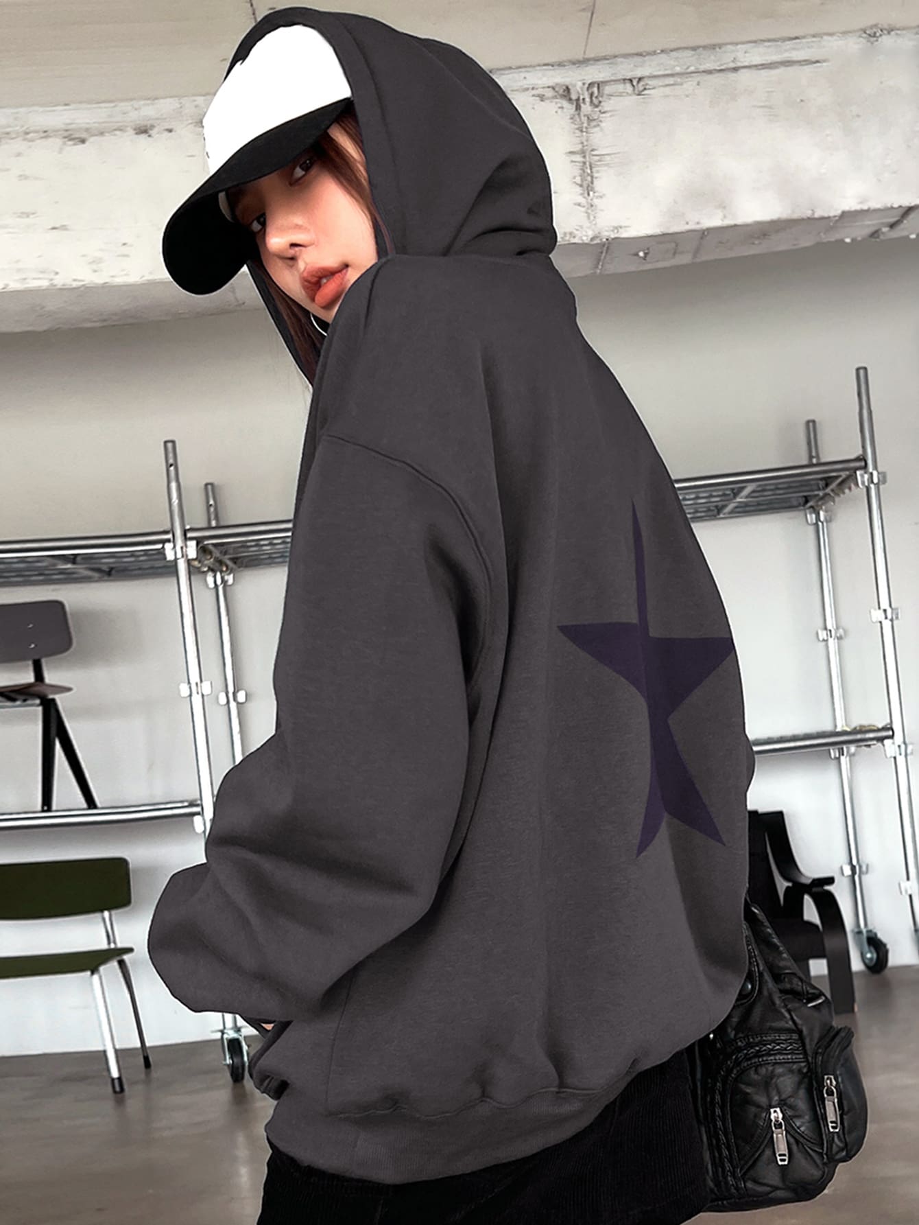 DAZY Star Print Drop Shoulder Thermal Lined Drawstring Hoodie Y2k,Fall Women Clothes Sweatshirt - Dark Grey - View 1