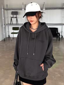 DAZY Star Print Drop Shoulder Thermal Lined Drawstring Hoodie Y2k,Fall Women Clothes Sweatshirt - Dark Grey - View 2