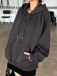 DAZY Star Print Drop Shoulder Thermal Lined Drawstring Hoodie Y2k,Fall Women Clothes Sweatshirt - Dark Grey - View 3