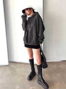 DAZY Star Print Drop Shoulder Thermal Lined Drawstring Hoodie Y2k,Fall Women Clothes Sweatshirt - Dark Grey - View 4