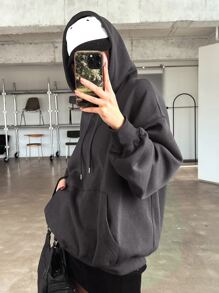 DAZY Star Print Drop Shoulder Thermal Lined Drawstring Hoodie Y2k,Fall Women Clothes Sweatshirt - Dark Grey - View 5