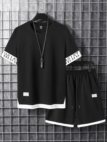Manfinity Homme Men Letter Graphic Short Sleeve Tee & Shorts Without Necklace, Going Out, Cozy Outfits