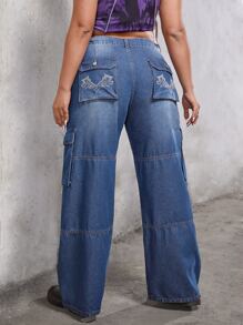 SHEIN EZwear Plus Flap Pocket Cargo Jeans - Dark Wash - View 1