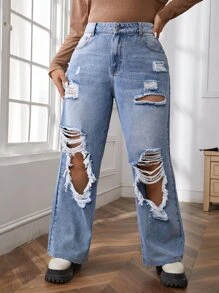 SHEIN EZwear Plus High Waist Ripped Wide Leg Jeans - Light Wash - View 1