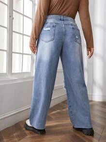 SHEIN EZwear Plus High Waist Ripped Wide Leg Jeans - Light Wash - View 2