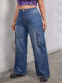 SHEIN EZwear Plus Flap Pocket Cargo Jeans - Dark Wash - View 5