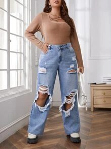 SHEIN EZwear Plus High Waist Ripped Wide Leg Jeans - Light Wash - View 3