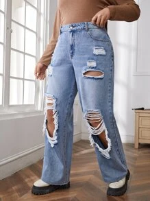 SHEIN EZwear Plus High Waist Ripped Wide Leg Jeans - Light Wash - View 4