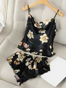 Floral Print Satin PJ Set - Black - View 1