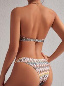 SHEIN Swim Chevron Print Ring Linked Bandeau Summer Beach Bikini Set - Multicolor - View 2