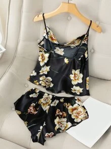 Floral Print Satin PJ Set - Black - View 2