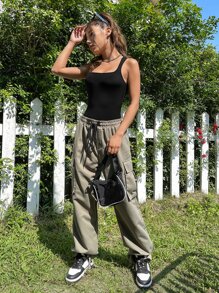 SHEIN EZwear Áo liền quần dệt kim có gân cứng của Gorpcore - màu đen - Xem 3