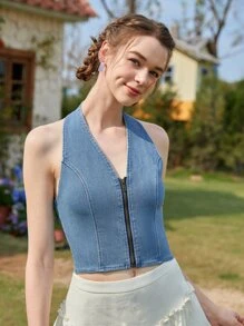 SHEIN MOD Zip Up Halter Neck Backless Denim Top - Medium Wash - View 3
