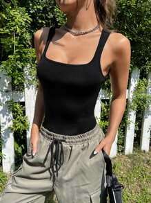 SHEIN EZwear Áo liền quần dệt kim có gân cứng của Gorpcore - màu đen - Xem 4