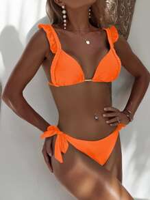 SHEIN Swim Summer Beach Ruffle Trim Triangle Tie Side Bikini Set - Orange - View 1