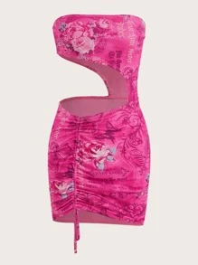 SHEIN ICON Letter & Floral Print Cut Out Drawstring Ruched Front Tube Bodycon Dress
