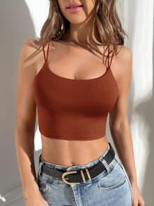 SHEIN PETITE Áo hai dây màu trơn Giải trí - Rỉ Nâu - Xem 1