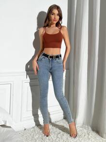SHEIN PETITE Áo hai dây màu trơn Giải trí - Rỉ Nâu - Xem 6