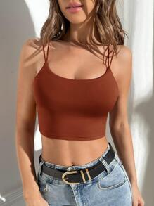 SHEIN PETITE Áo hai dây màu trơn Giải trí - Rỉ Nâu - Xem 7