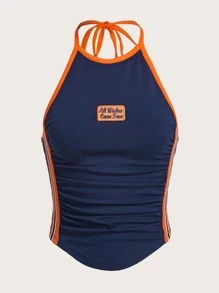 SHEIN ICON Bikercore Letter Embroidery Contrast Binding Halter Summer Top - Navy Blue - View 3