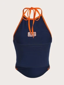 SHEIN ICON Bikercore Letter Embroidery Contrast Binding Halter Summer Top - Navy Blue - View 2